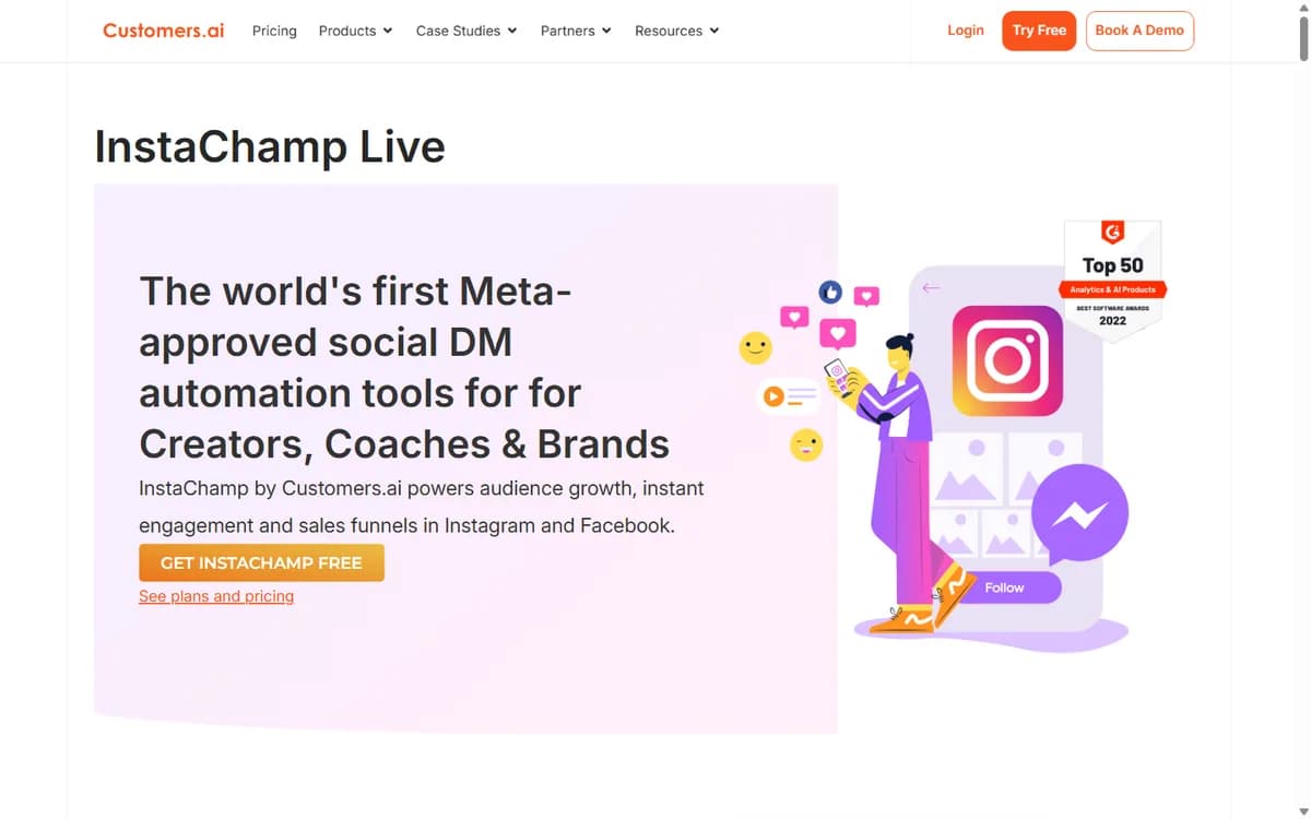 Customers.ai InstaChamp landing page for social DM automation