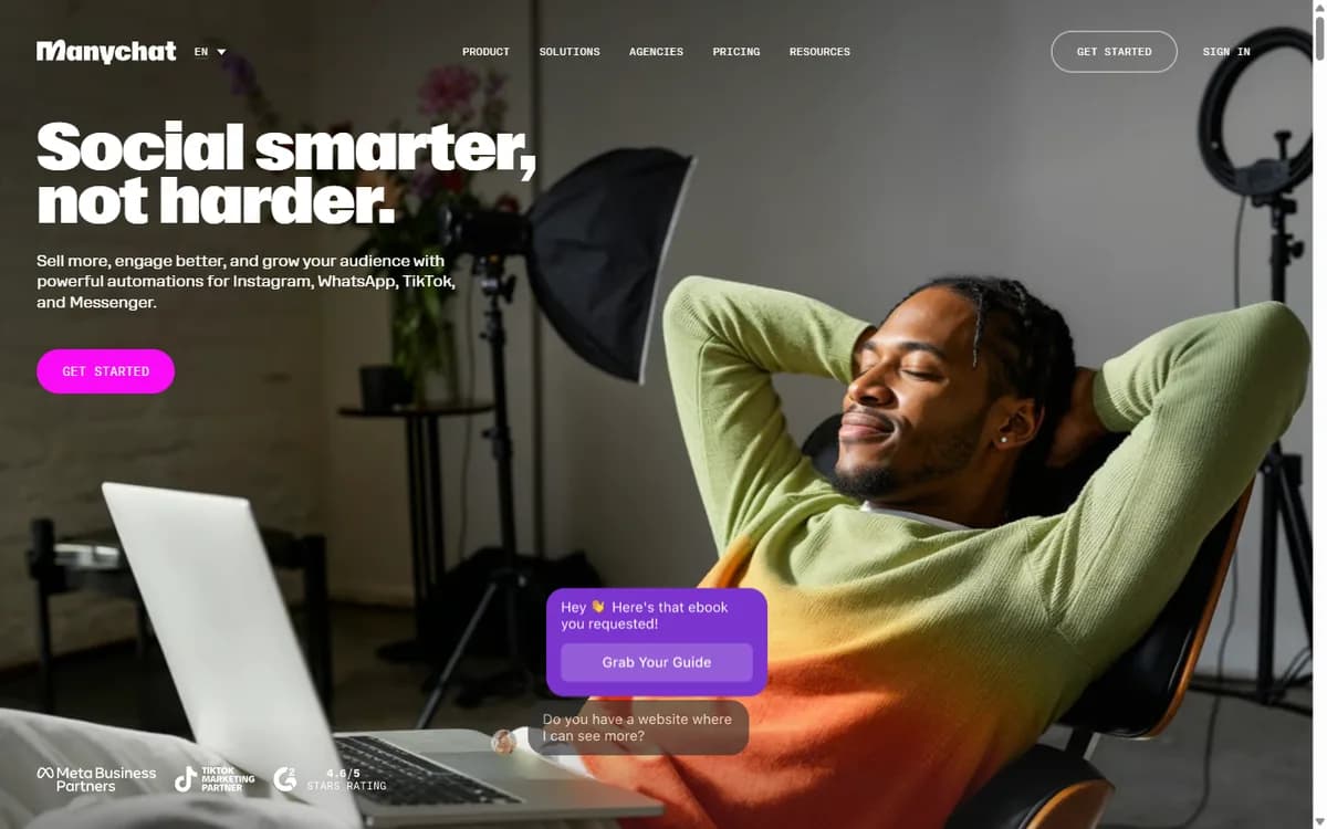 ManyChat landing page promoting social media messaging automations